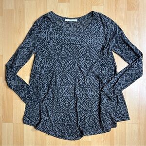 Peruvian Connection Black and Grey Tribal Print Long Sleeve Slub Pima Gotton Top